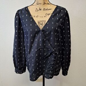 Madewell Kinston Side-Button Wrap Top Textured Dobby Printed Black Women's SZ XL